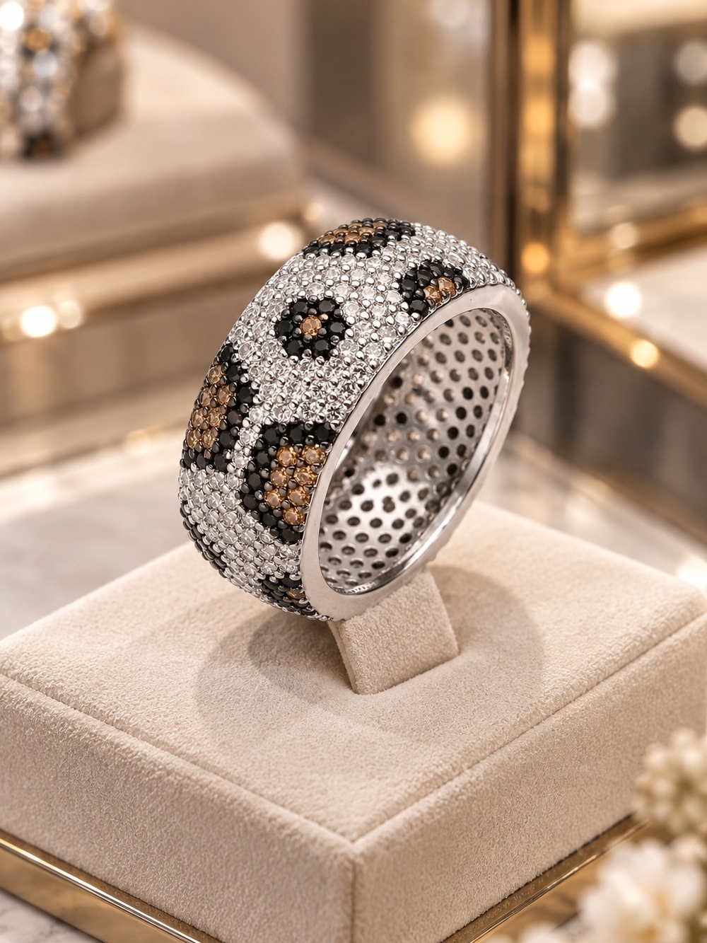 Crystal Pave Leopard Print Dome Ring - Silver, Black & Brown